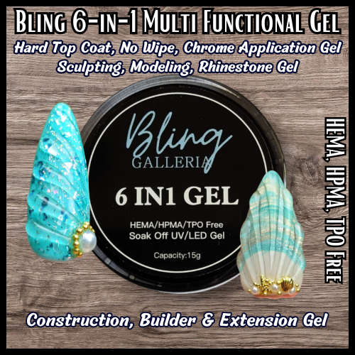 6 in 1 Hard Top Coat, No Wipe, Chrome, Sculpting, Modeling, Rhinestone, Builder, Multifunctional Gel - HEMA, HPMA, TPO Free