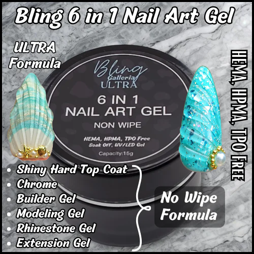 ULTRA 6 in 1 Nail Art Gel - No Wipe - Chromable - Hard Top Coat, Sculpting, Modeling, Rhinestone, Builder, Multifunctional Gel - HEMA, HPMA, TPO Free