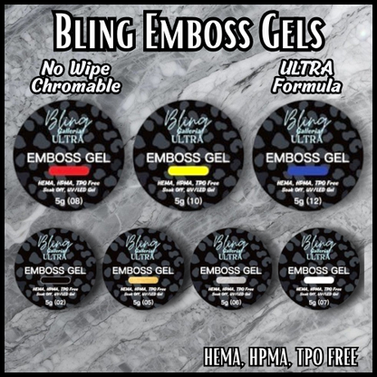 Emboss Gels - No Wipe - Chromeable - 5 ml Jars - HEMA, HPMA, TPO Free