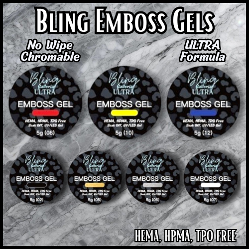 Emboss Gels - No Wipe - Chromeable - 5 ml Jars - HEMA, HPMA, TPO Free