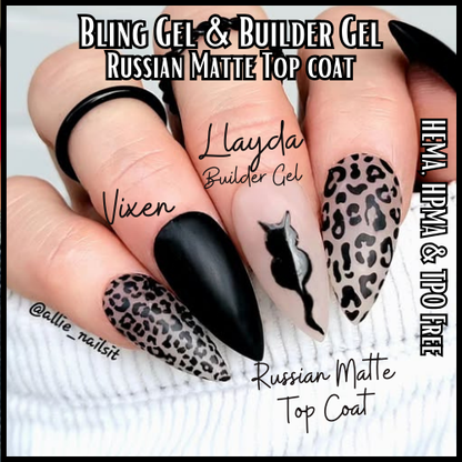 Russian Matte Top Coat Over Vixen Black Gel & Llayda Builder Gel Mani - HEMA, HPMA, TPO Free