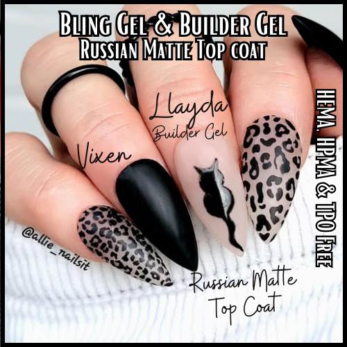 Russian Matte Top Coat Over Vixen Black Gel & Llayda Builder Gel Mani - HEMA, HPMA, TPO Free