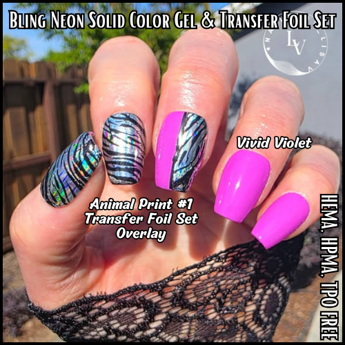 Vivid Violet Neon Solid Gel & Animal Print #1 Transfer Foils Overlay Set - HEMA, HPMA, TPO Free