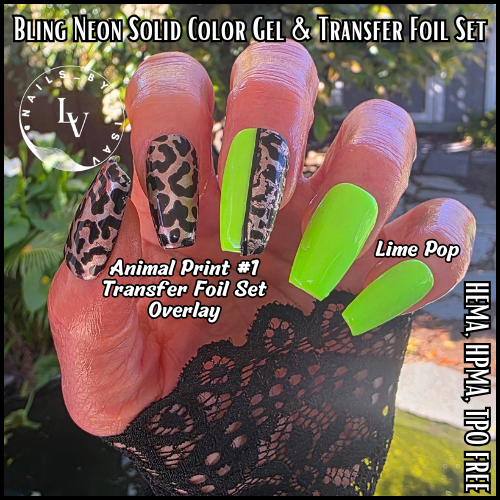 Vivid Violet Neon Solid Gel & Animal Print #1 Transfer Foils Overlay Set - HEMA, HPMA, TPO Free