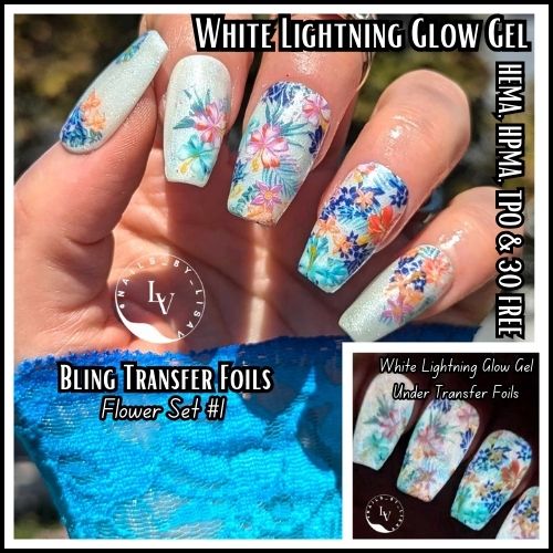 White Lightning Glow-In-The-Dark Gel Polish & Flower Transfer Foils Mani - HEMA, HPMA, TPO Free