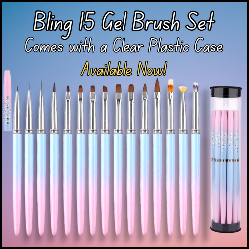 15 Piece Set of Pink & Blue Gel Brushes with Decorative Caps and Plastic Case