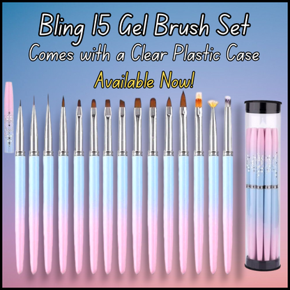 15 Piece Set of Pink & Blue Gel Brushes with Decorative Caps and Plastic Case