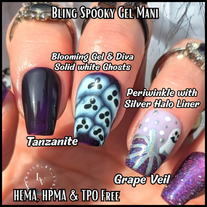 Grape Veil Pumkin, Tanzanite, Diva Blooming Gel Ghosts, Periwinkle, Silver Holographic Liner Gels - HEMA, HPMA, TPO Free