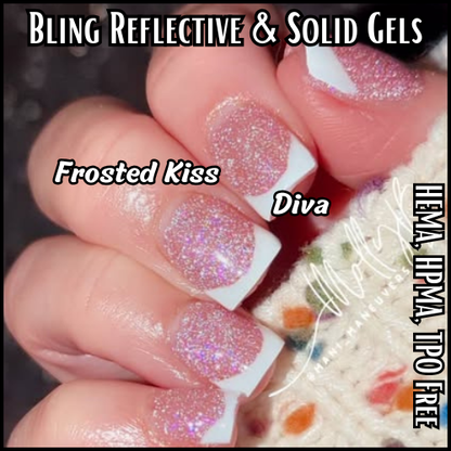 Frosted Kiss, Crystal Veil, Arctic Star, Polar Spark, Frozen Teal Reflective Gels  - HEMA, HPMA, TPO Free