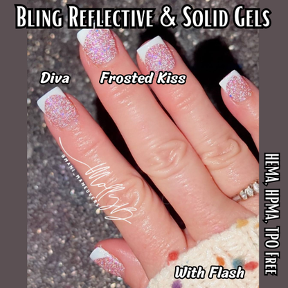 Frosted Kiss Reflective Iridescent Holographic Gel with Diva Solid White Mani - HEMA, HPMA, TPO Free