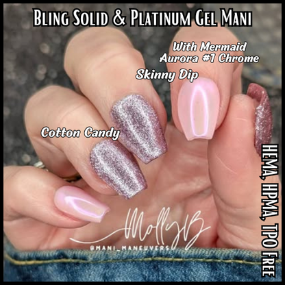 ULTRA Skinny Dip Solid, Cotton Candy Platinum Fine Glitter Gel Mani with Aurora Mermaid #1 Chrome - HEMA HPMA TPO Free