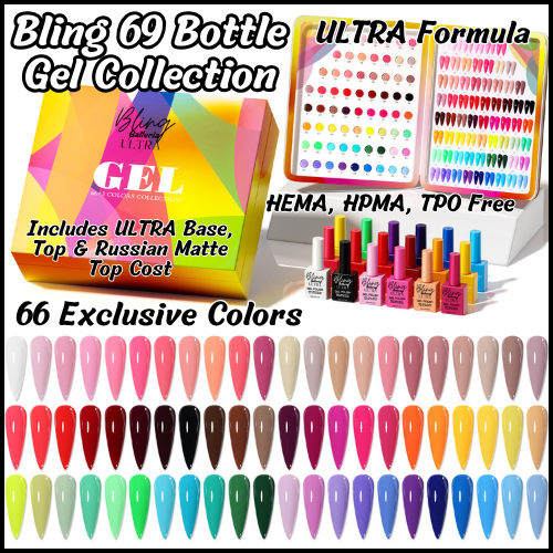 ULTRA 69 Gel Collection - 66 Solid Color Gels Plus ULTRA Diamond Top Coat - ULTRA Base Coat - ULTRA Russian Matte Top Coat - Color Board - HEMA, HPMA, TPO Free
