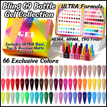 ULTRA 69 Gel Collection - 66 Solid Color Gels Plus ULTRA Diamond Top Coat - ULTRA Base Coat - ULTRA Russian Matte Top Coat - Color Board - HEMA, HPMA, TPO Free