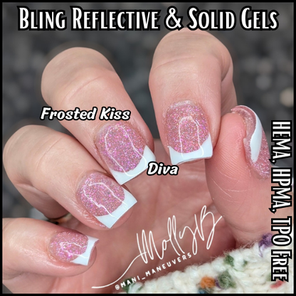 Frosted Kiss Reflective Iridescent Holographic Gel with Diva Solid White Mani - HEMA, HPMA, TPO Free