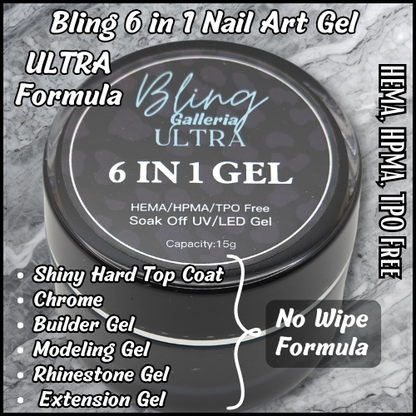 ULTRA 6 in 1 Hard Top Coat, No Wipe, Chrome, Sculpting, Modeling, Rhinestone, Builder, Multifunctional Gel - HEMA, HPMA, TPO Free