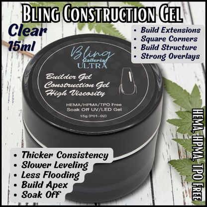 ULTRA Construction Builder Gel, Clear, 15 ml Jars - HEMA, HPMA, TPO Free
