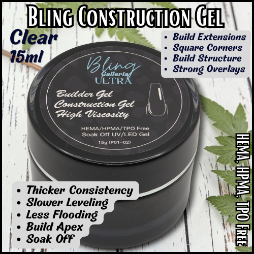 ULTRA Construction Builder Gel, Clear, 15 ml Jars - HEMA, HPMA, TPO Free