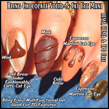 Chocolate Mani with Mink & Cold Brew Solid Gels, Fashionably Latte Cat Eye, Espresson Martini Cat Eye, 6 in 1 Clear Multifunctional Gel for 3D Features - HEMA, HPMA, TPO Free