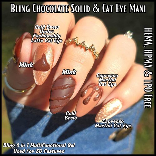 Chocolate Mani with Mink & Cold Brew Solid Gels, Fashionably Latte Cat Eye, Espresson Martini Cat Eye, 6 in 1 Clear Multifunctional Gel for 3D Features - HEMA, HPMA, TPO Free