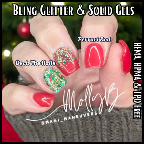 Deck The Halls Glitter Gel with Ferrari Red Solid Color Gel - HEMA, HPMA, TPO Free