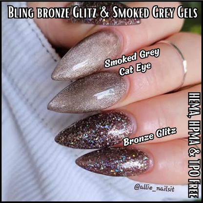 Bronze Glitz Smokey Grey Cat Eye Mani - Holo Micro Glitter Gel - HEMA, HPMA, TPO Free