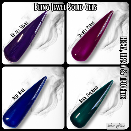 Jewel Solid Gels - Up All Night, Secret Plum, Deja Blue, Dark Emerald - HEMA, HPMA, TPO Free