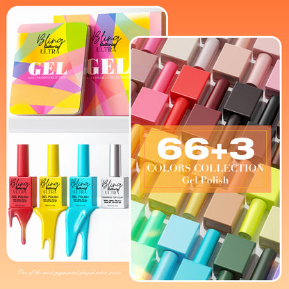 ULTRA 69 Gel Collection - 66 Solid Color Gels Plus ULTRA Diamond Top Coat - ULTRA Base Coat - ULTRA Russian Matte Top Coat - Color Board - HEMA, HPMA, TPO Free