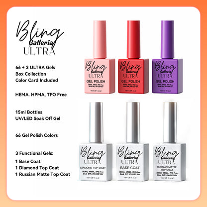 ULTRA 69 Gel Collection - 66 Solid Color Gels Plus ULTRA Diamond Top Coat - ULTRA Base Coat - ULTRA Russian Matte Top Coat - Color Board - HEMA, HPMA, TPO Free