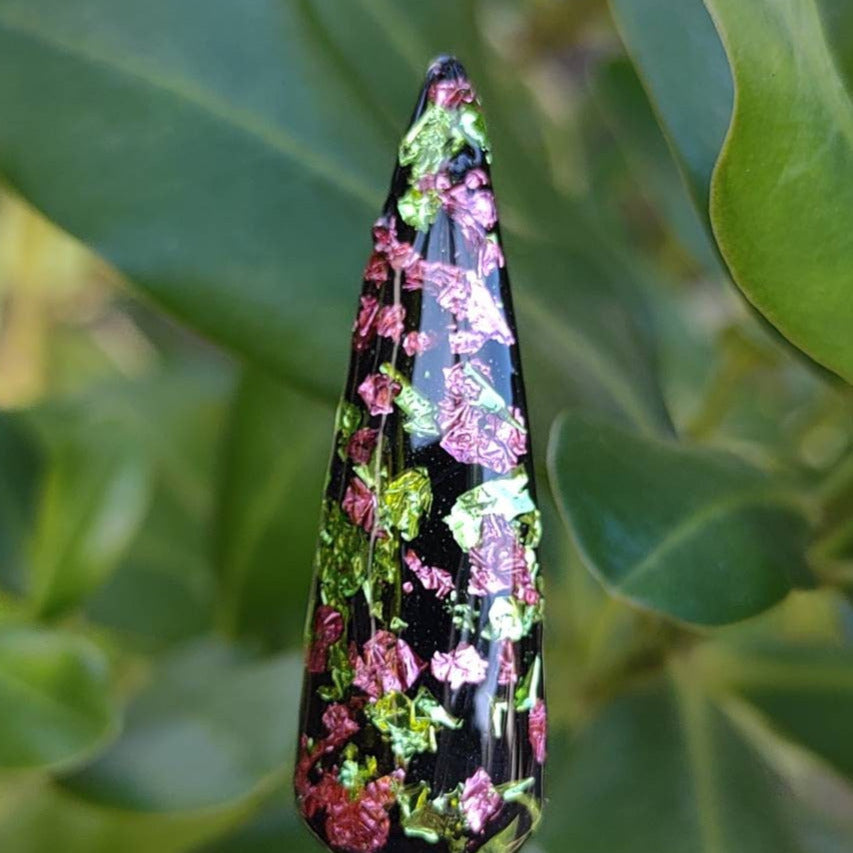 Black Lotus Foil Dip / Pink & Green Foils in a Raven Black Solid base / Acrylic Nail Dip Powder