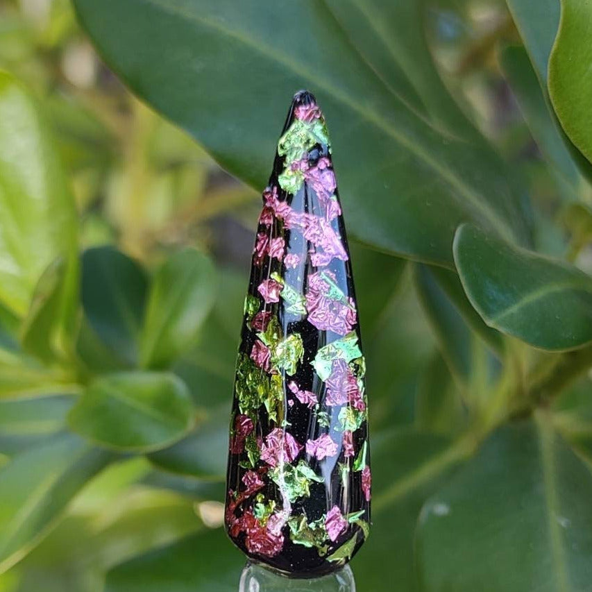 Black Lotus Foil Dip / Pink & Green Foils in a Raven Black Solid base / Acrylic Nail Dip Powder
