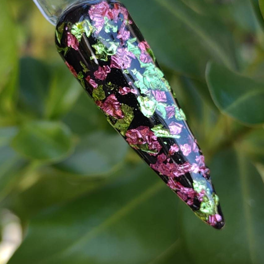 Black Lotus Foil Dip / Pink & Green Foils in a Raven Black Solid base / Acrylic Nail Dip Powder
