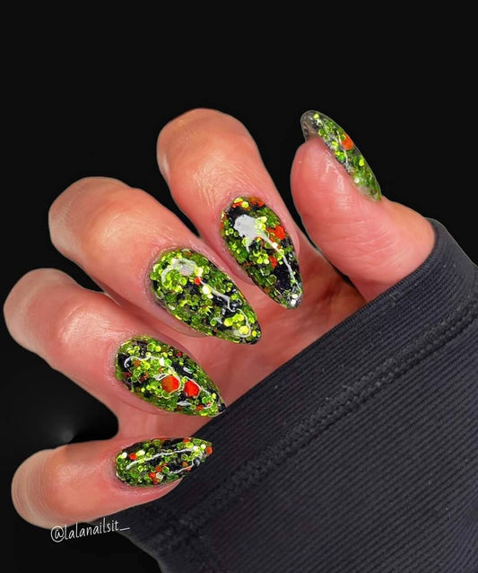 Bling Frankenstein Glitter Dip Mani / Green and Orange Hex Glitters with Black Foils / Halloween / Spooky / Nail Dip Powder
