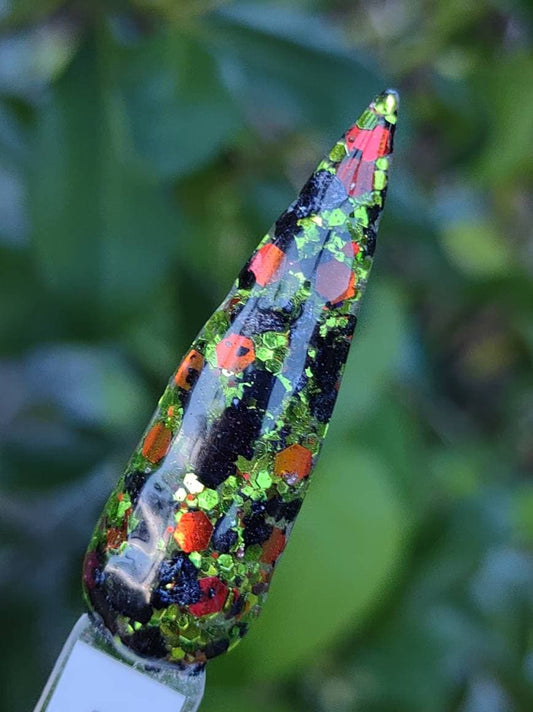 Bling Frankenstein Glitter Dip Mani / Green and Orange Hex Glitters with Black Foils / Halloween / Spooky / Nail Dip Powder