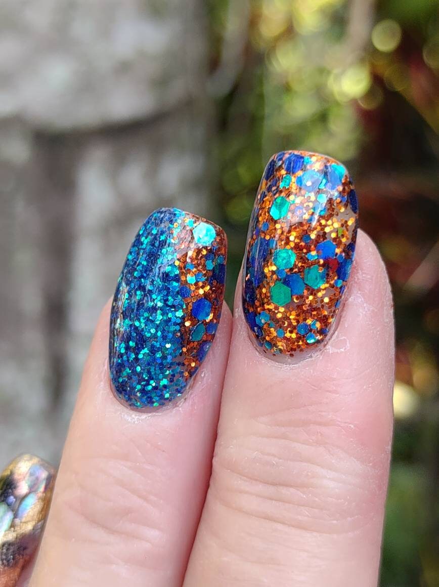Copper Patina Duo Set - Holographic Blue Green Patina in a Fine Copper Glitter Dip / Acrylic Nail Dip Powder
