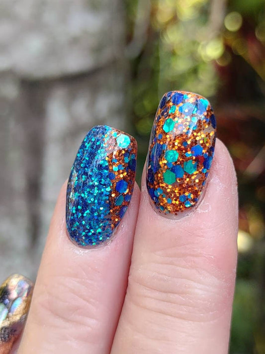 Copper Patina Duo Set - Holographic Blue Green Patina in a Fine Copper Glitter Dip / Acrylic Nail Dip Powder