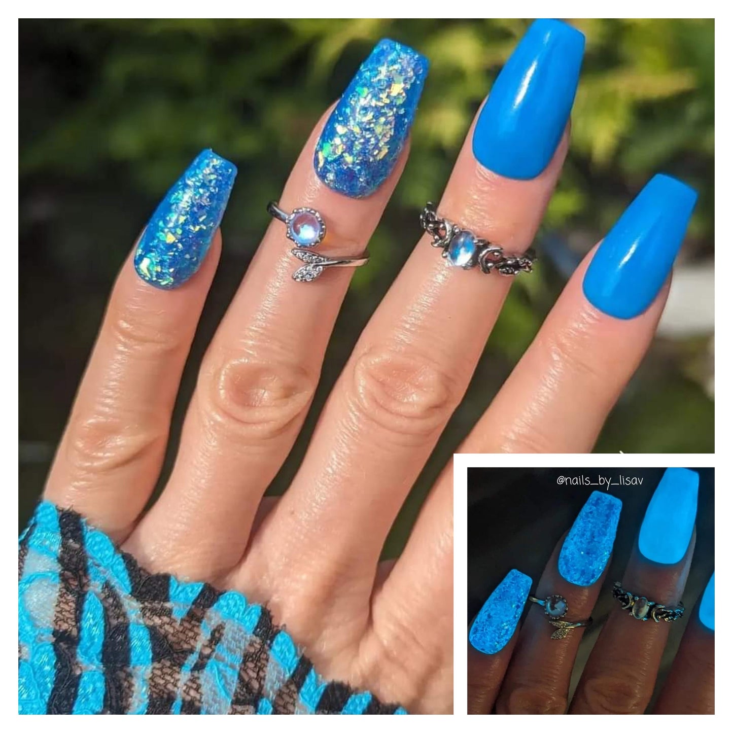 Electric Blue Mermaid Duo / Neon Blue Glow Solid Powder / Neon Blue Flake dips / Acrylic Nail Dip Powder
