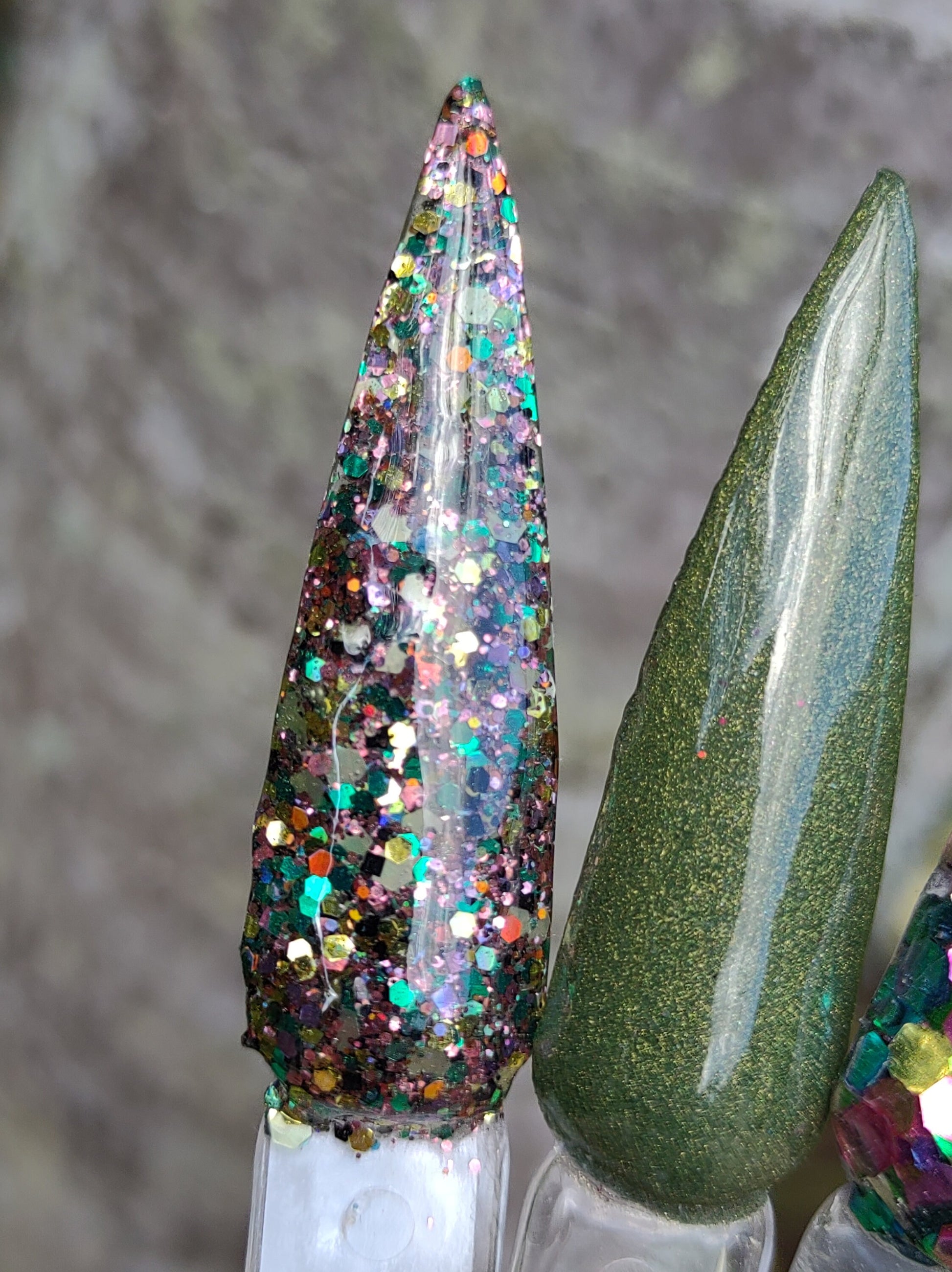 Serpentine Sky Collection - Collection of Glitters and Solids with coordinating Gold, Green, and Pink colors / Acrylic Nail Dip Powder