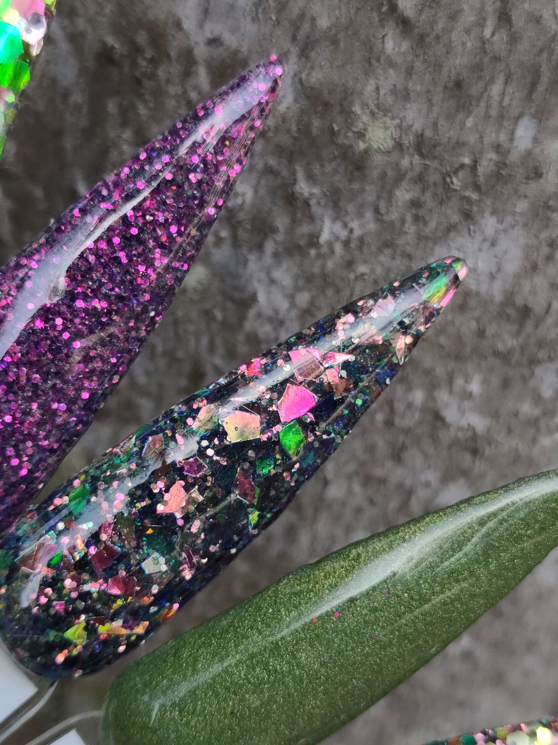 Serpentine Sky Collection - Collection of Glitters and Solids with coordinating Gold, Green, and Pink colors / Acrylic Nail Dip Powder