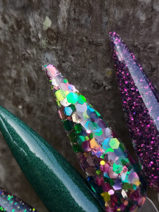 Serpentine Sky Collection - Collection of Glitters and Solids with coordinating Gold, Green, and Pink colors / Acrylic Nail Dip Powder