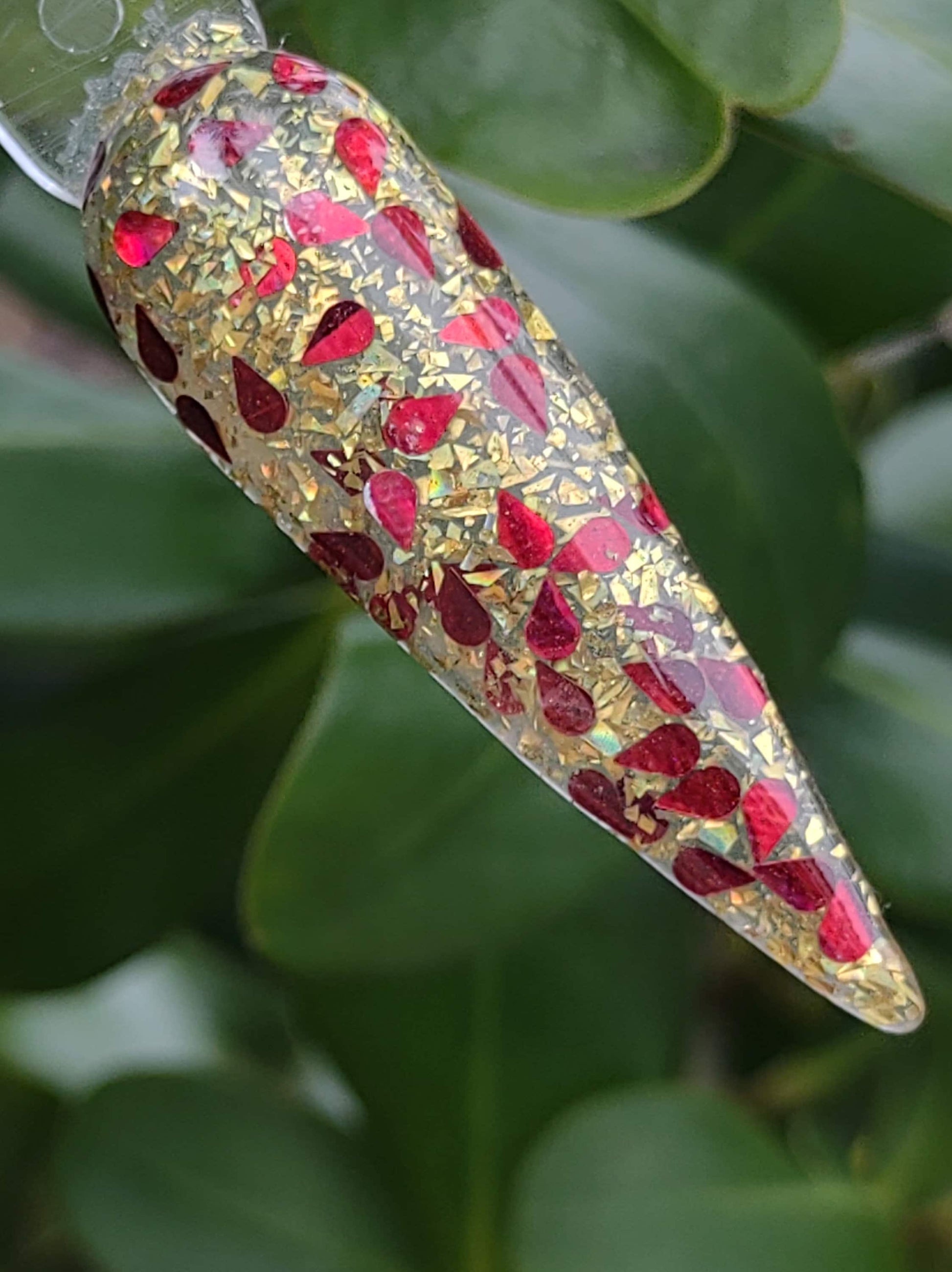 Love Hurts Dip Duo / Deep Blood Red Drip Glitters in Gold Flakes / Seductress Dark Red Shimmery Solid / Acrylic Nail Dip Powder