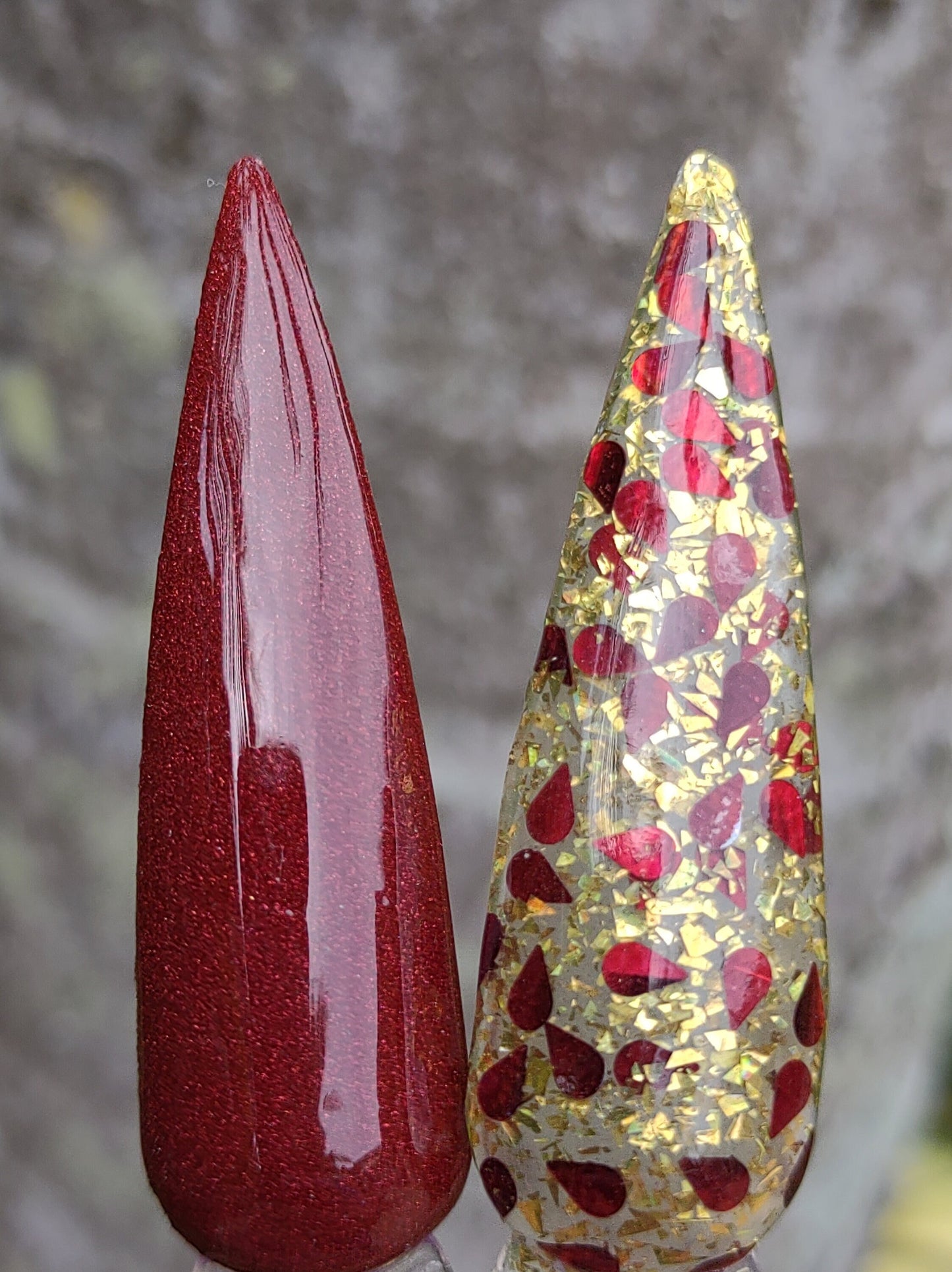Love Hurts Dip Duo / Deep Blood Red Drip Glitters in Gold Flakes / Seductress Dark Red Shimmery Solid / Acrylic Nail Dip Powder
