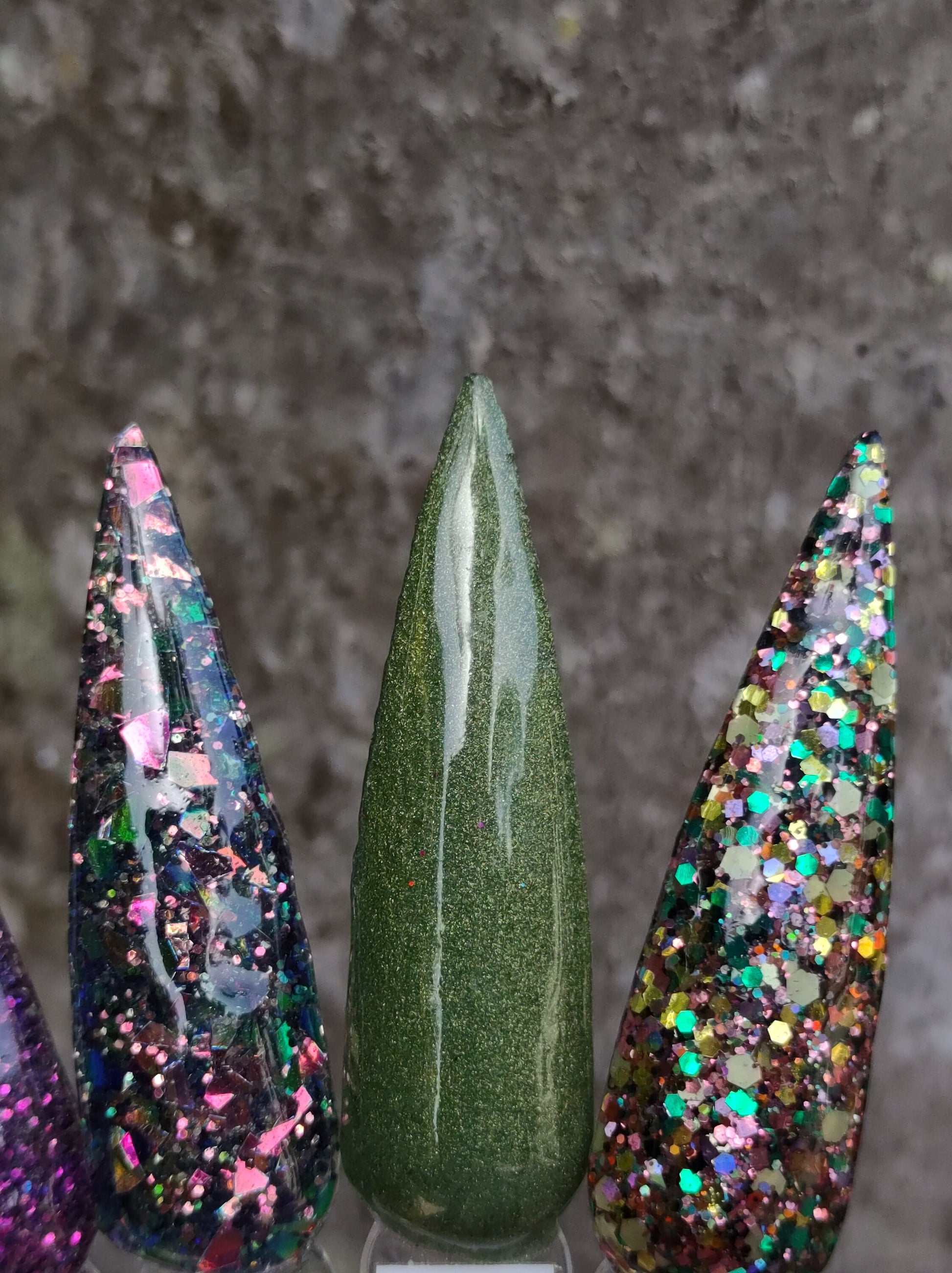 Serpentine Sky Collection - Collection of Glitters and Solids with coordinating Gold, Green, and Pink colors / Acrylic Nail Dip Powder