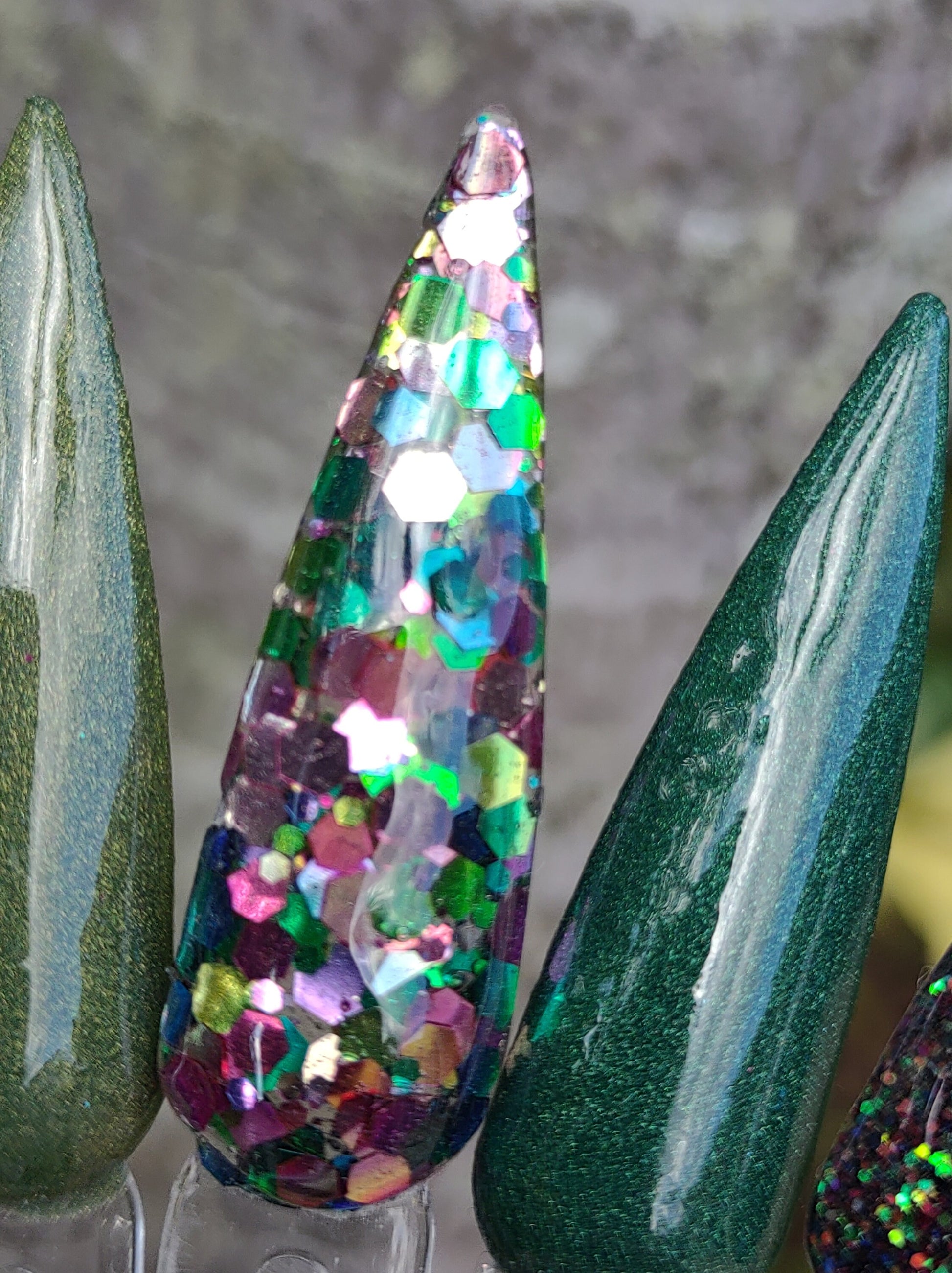 Serpentine Sky Collection - Collection of Glitters and Solids with coordinating Gold, Green, and Pink colors / Acrylic Nail Dip Powder