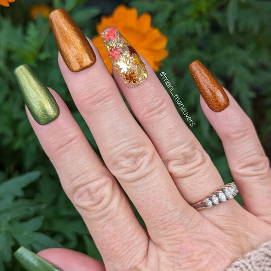 Autumn Treasure Sparkles Trio / Fireside & Olive Branch Solids Chromed / Autumn Sparkle Fall Leaves with Gold Flakes Dip