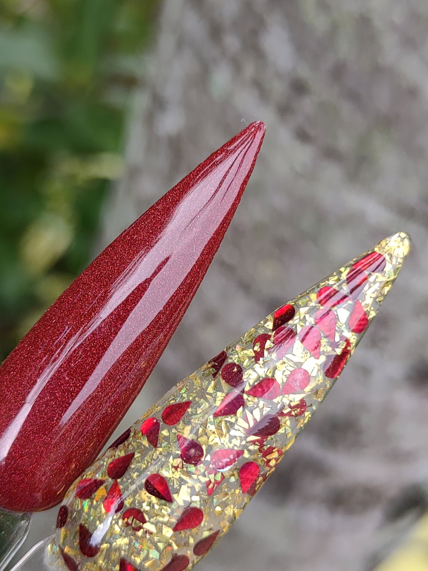 Love Hurts Dip Duo / Deep Blood Red Drip Glitters in Gold Flakes / Seductress Dark Red Shimmery Solid / Acrylic Nail Dip Powder