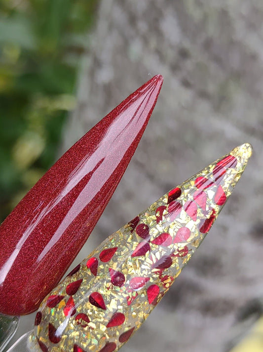 Love Hurts Dip Duo / Deep Blood Red Drip Glitters in Gold Flakes / Seductress Dark Red Shimmery Solid / Acrylic Nail Dip Powder