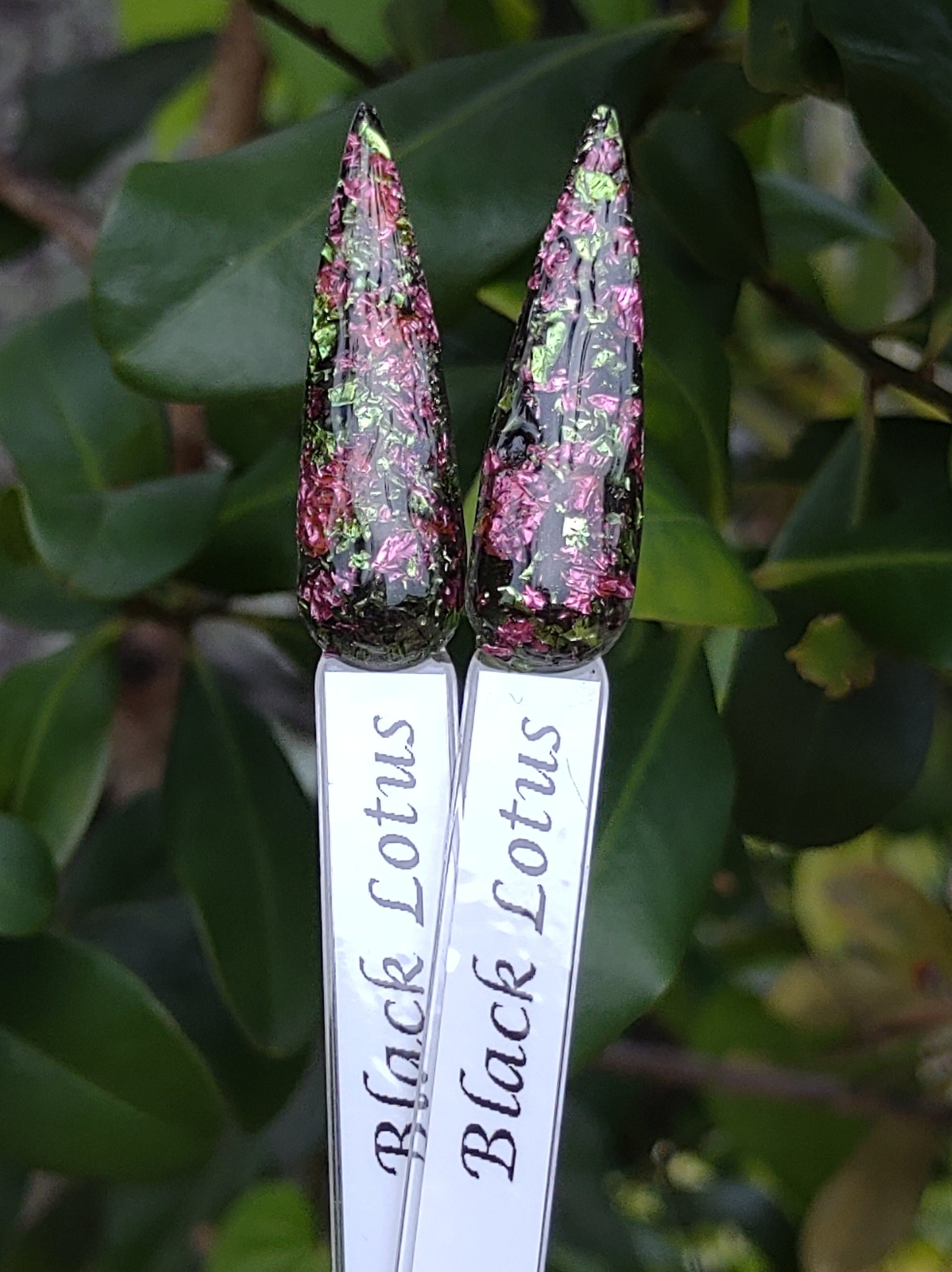 Black Lotus Foil Dip / Pink & Green Foils in a Raven Black Solid base / Acrylic Nail Dip Powder