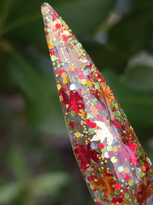 Free Fallin' / Fall Leaves, Red, Green & Gold Holographic Glitter in a Clear Base / Acrylic Nail Dip Powder