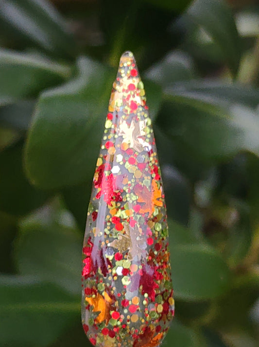 Free Fallin' / Fall Leaves, Red, Green & Gold Holographic Glitter in a Clear Base / Acrylic Nail Dip Powder