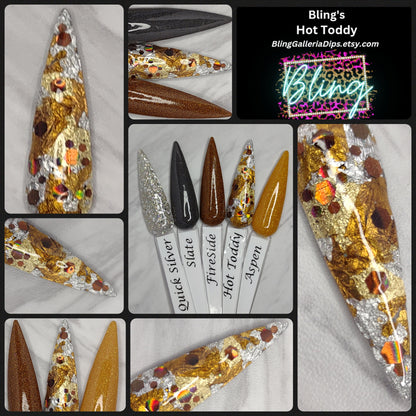Hot Toddy / Coppery Bronze, Amber, Gold, Silver Metallic-Look Foil Dip / Copper Bronze Holographic Glitters / Acrylic Nail Dip Powder